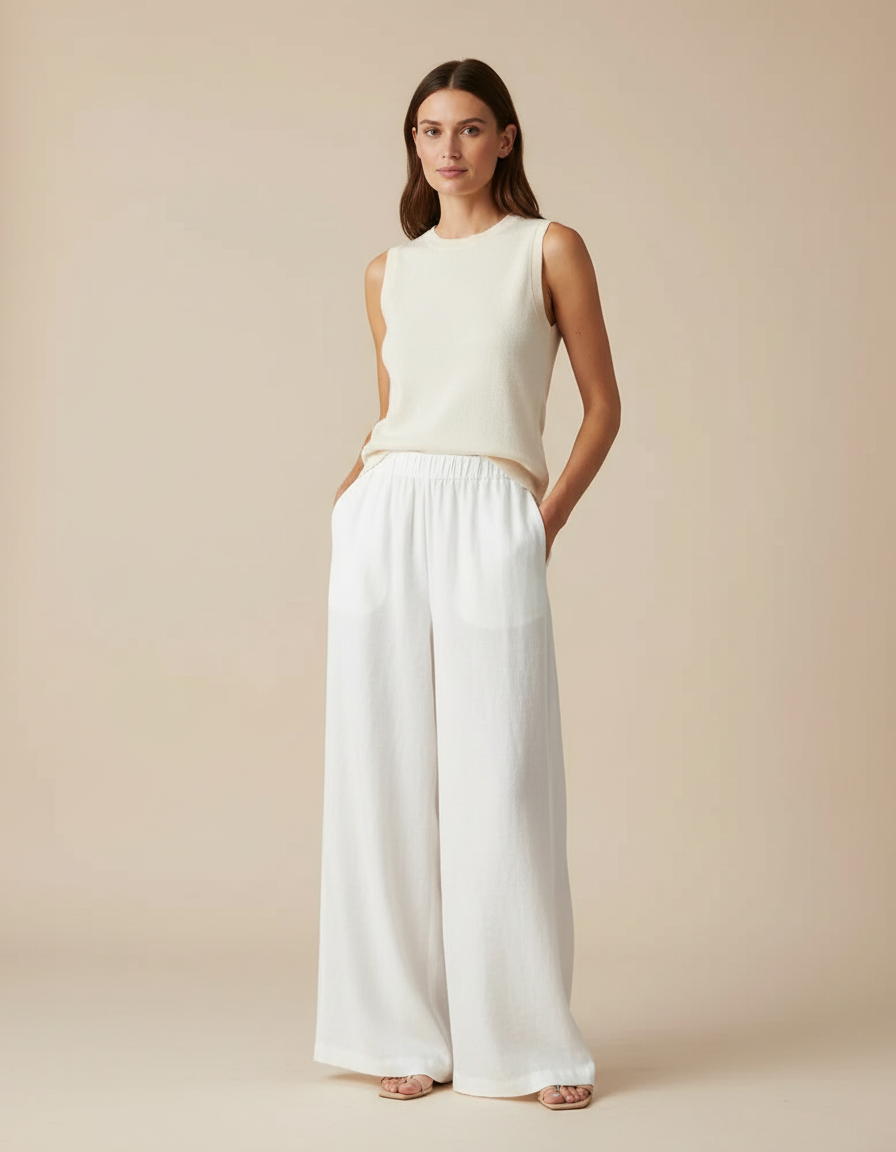 Pantalon Blanc Large Lin Fluide Casual Chic