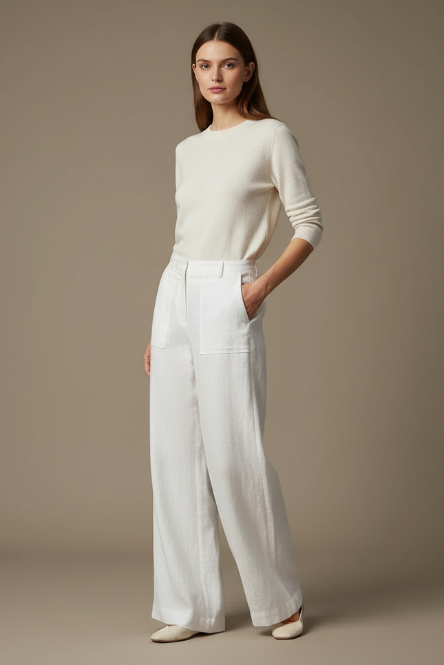 Pantalon Blanc Large Lin Ample Taille Haute Élégant