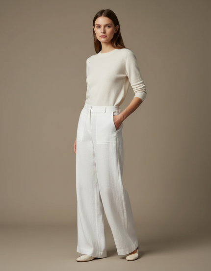 Pantalon Blanc Large Lin Ample Taille Haute Élégant
