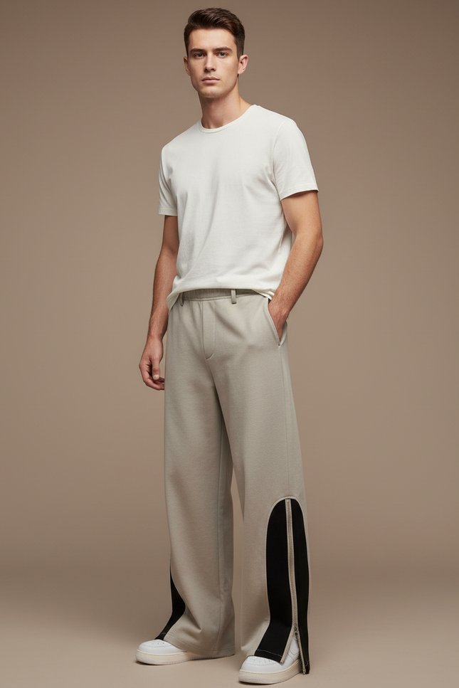 Pantalon Blanc Ample Décontracté Zippé Homme - Beige Molleton
