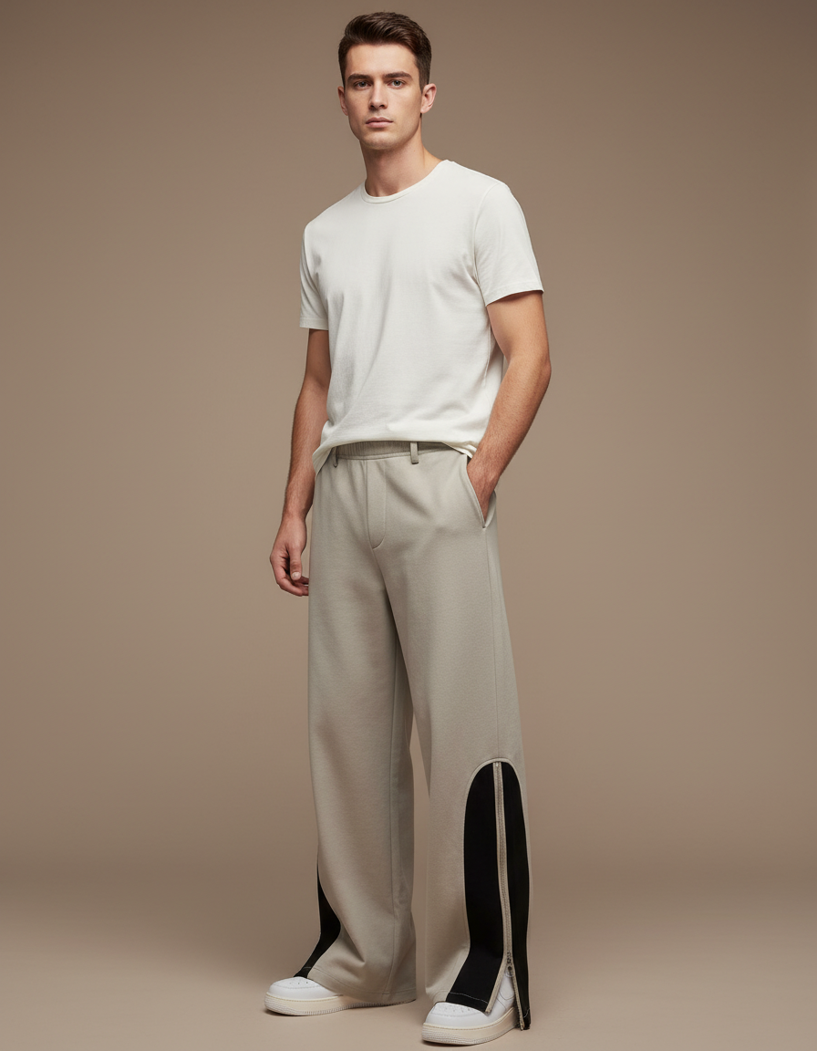 Pantalon Blanc Ample Décontracté Zippé Homme - Beige Molleton