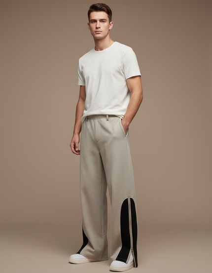 Pantalon Blanc Ample Décontracté Zippé Homme - Beige Molleton