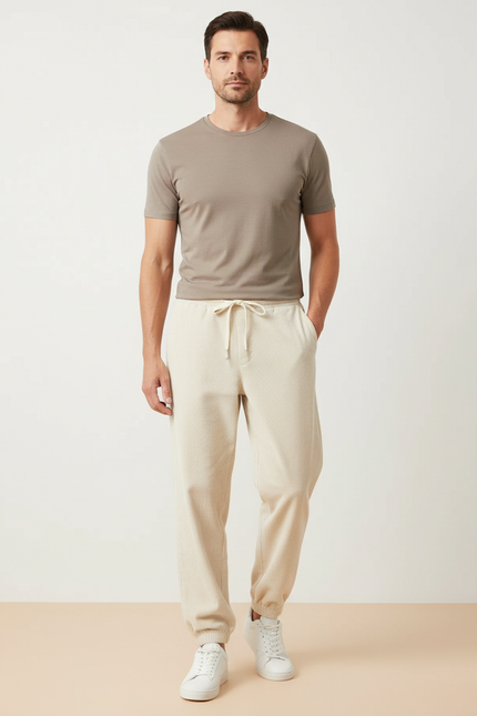 Pantalon Blanc Côtelé Décontracté Ample Homme - Beige Cordé