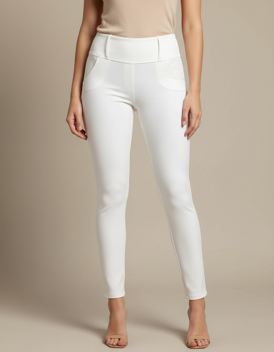 Pantalon Blanc Skinny Taille Haute - Polyester