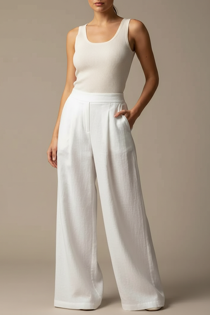Pantalon Blanc Large Fluide Lin Élégant Femme