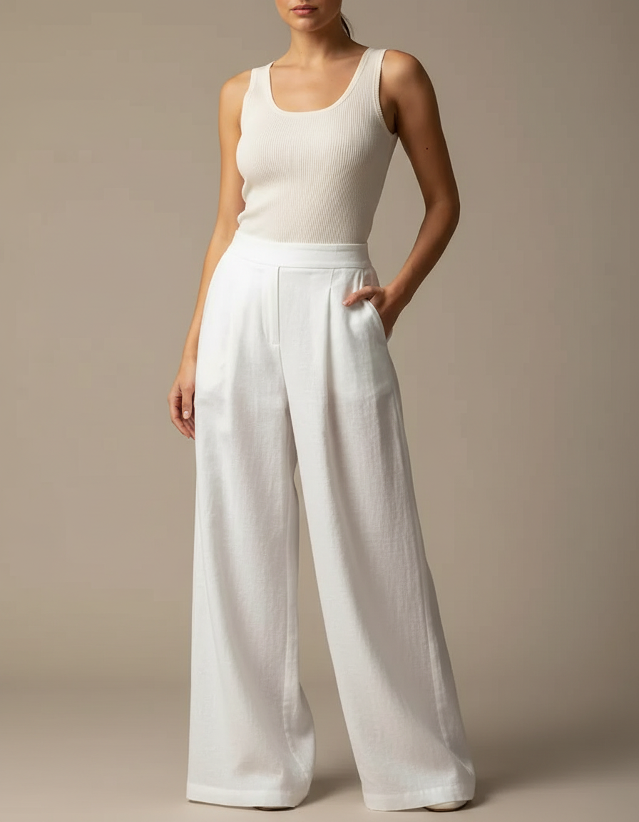 Pantalon Blanc Large Fluide Lin Élégant Femme