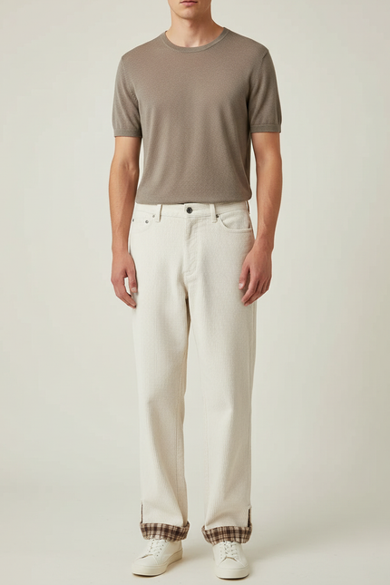 Pantalon Blanc Côtelé Plaid Décontracté Homme - Cordé