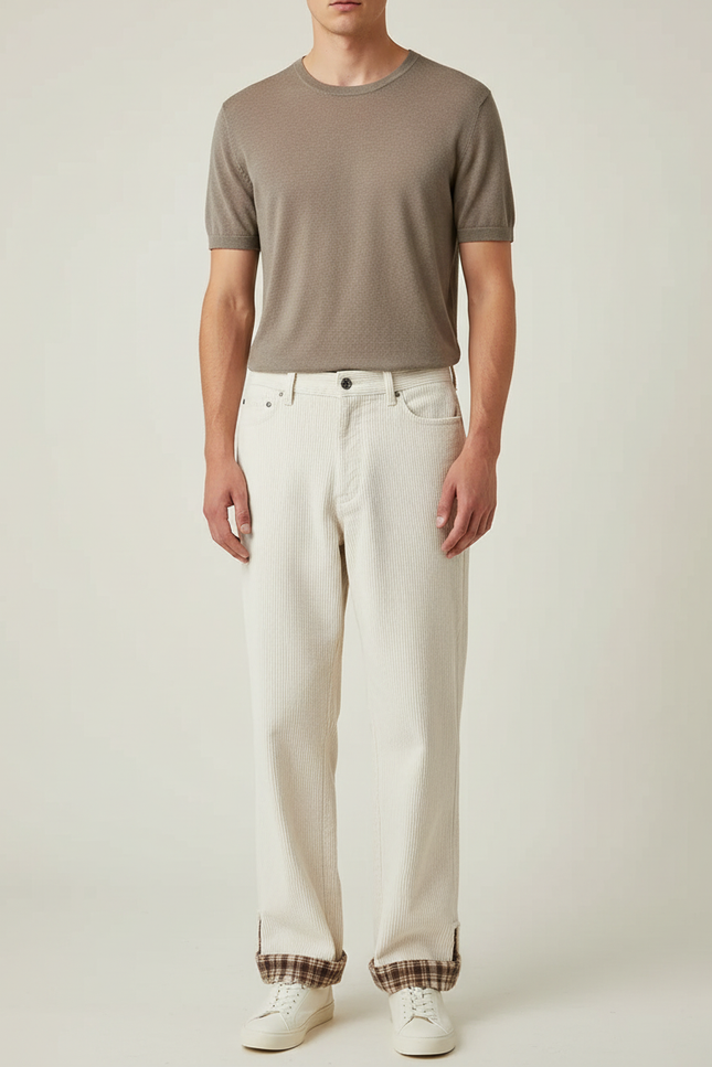 Pantalon Blanc Côtelé Plaid Décontracté Homme - Cordé