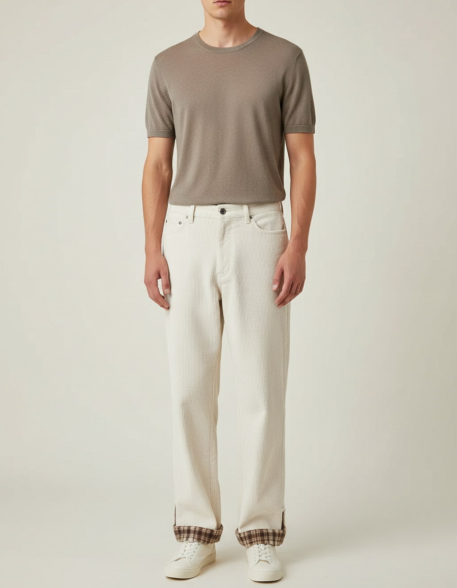 Pantalon Blanc Côtelé Plaid Décontracté Homme - Cordé