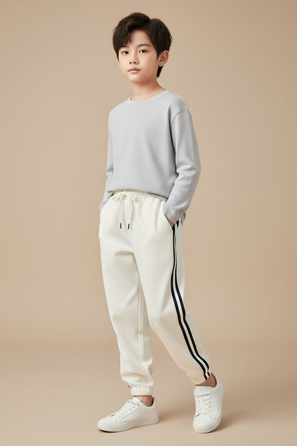 Pantalon Blanc Jogging Rayures Noires Confortable Garçon - Molleton