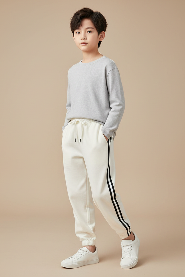 Pantalon Blanc Jogging Rayures Noires Confortable Garçon - Molleton