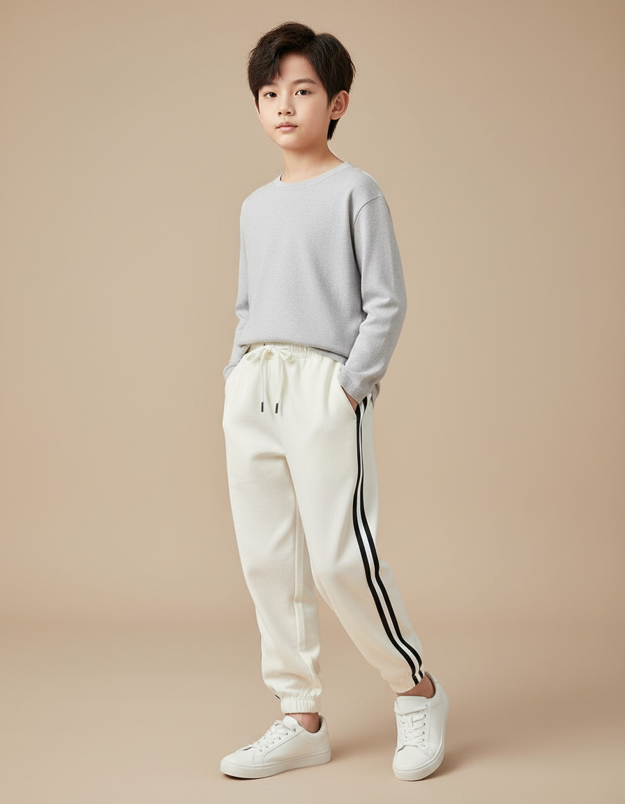 Pantalon Blanc Jogging Rayures Noires Confortable Garçon - Molleton