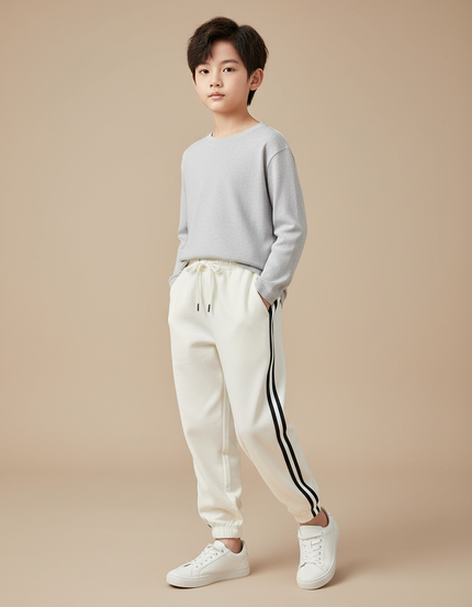 Pantalon Blanc Jogging Rayures Noires Confortable Garçon - Molleton