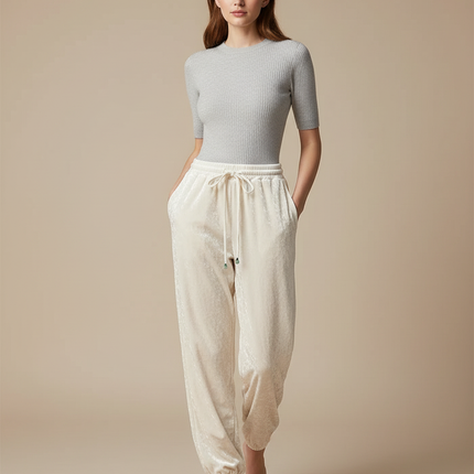 Pantalon Blanc Velours Côtelé Ample Taille Haute