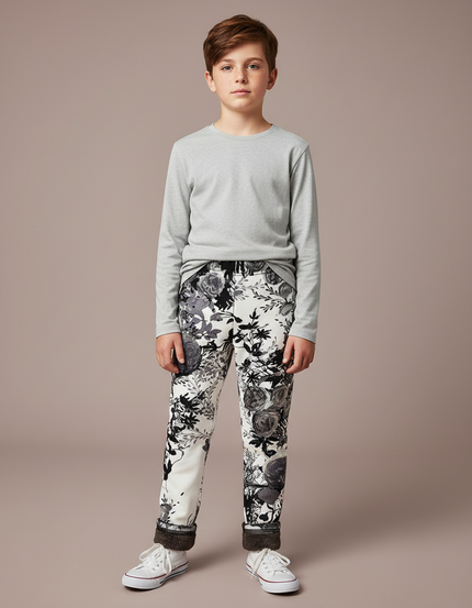 Pantalon Blanc Imprimé Floral Épais Molletonné Enfant