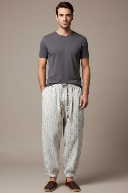 Pantalon Blanc Imprimé Ample Cordon Décontracté Homme - Lin