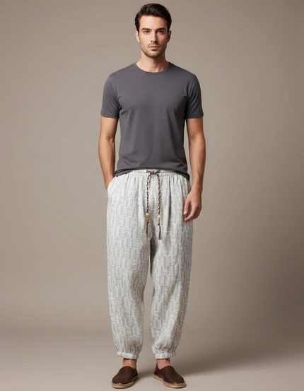 Pantalon Blanc Imprimé Ample Cordon Décontracté Homme - Lin