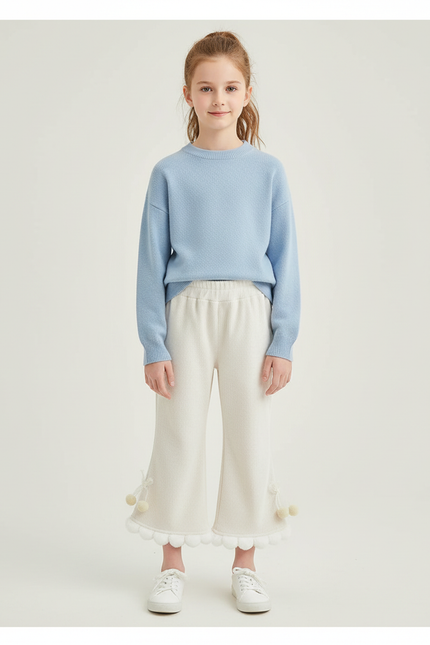 Pantalon Blanc Côtelé Ample Décontracté Pompons Fille - Beige Cordé
