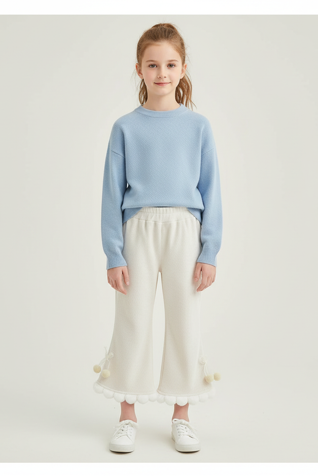 Pantalon Blanc Côtelé Ample Décontracté Pompons Fille - Beige Cordé