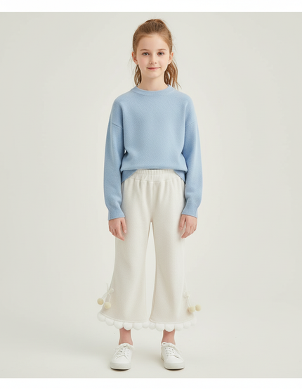 Pantalon Blanc Côtelé Ample Décontracté Pompons Fille - Beige Cordé