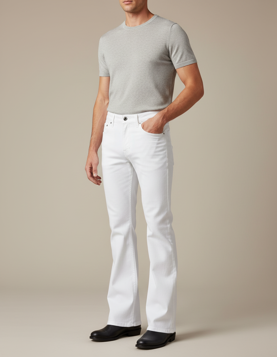 Pantalon Blanc Évasé Coton Vintage Homme Élégant - Jean
