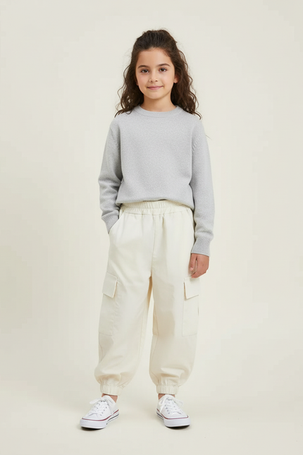 Pantalon Blanc Cargo Ample Enfant Coton - Beige