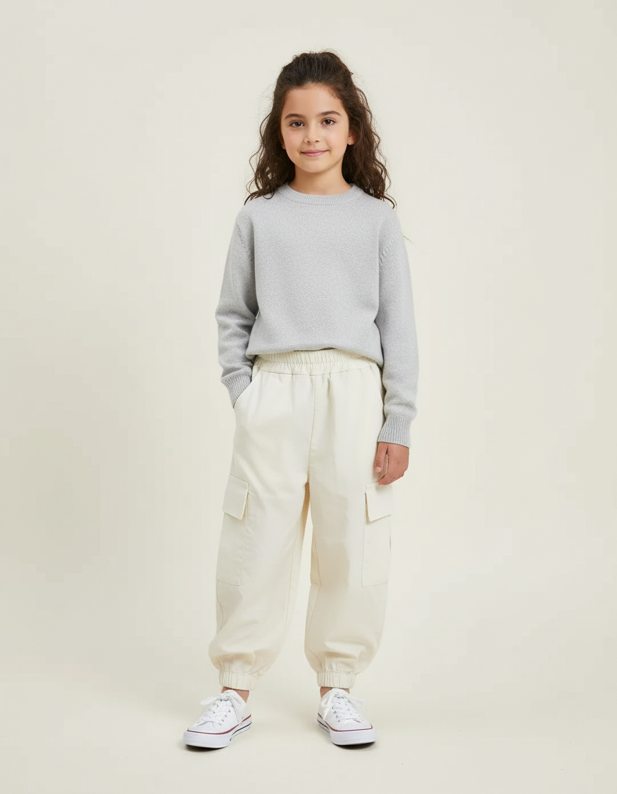 Pantalon Blanc Cargo Ample Enfant Coton - Beige