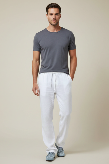 Pantalon Blanc Lin Homme Décontracté Léger Cordon