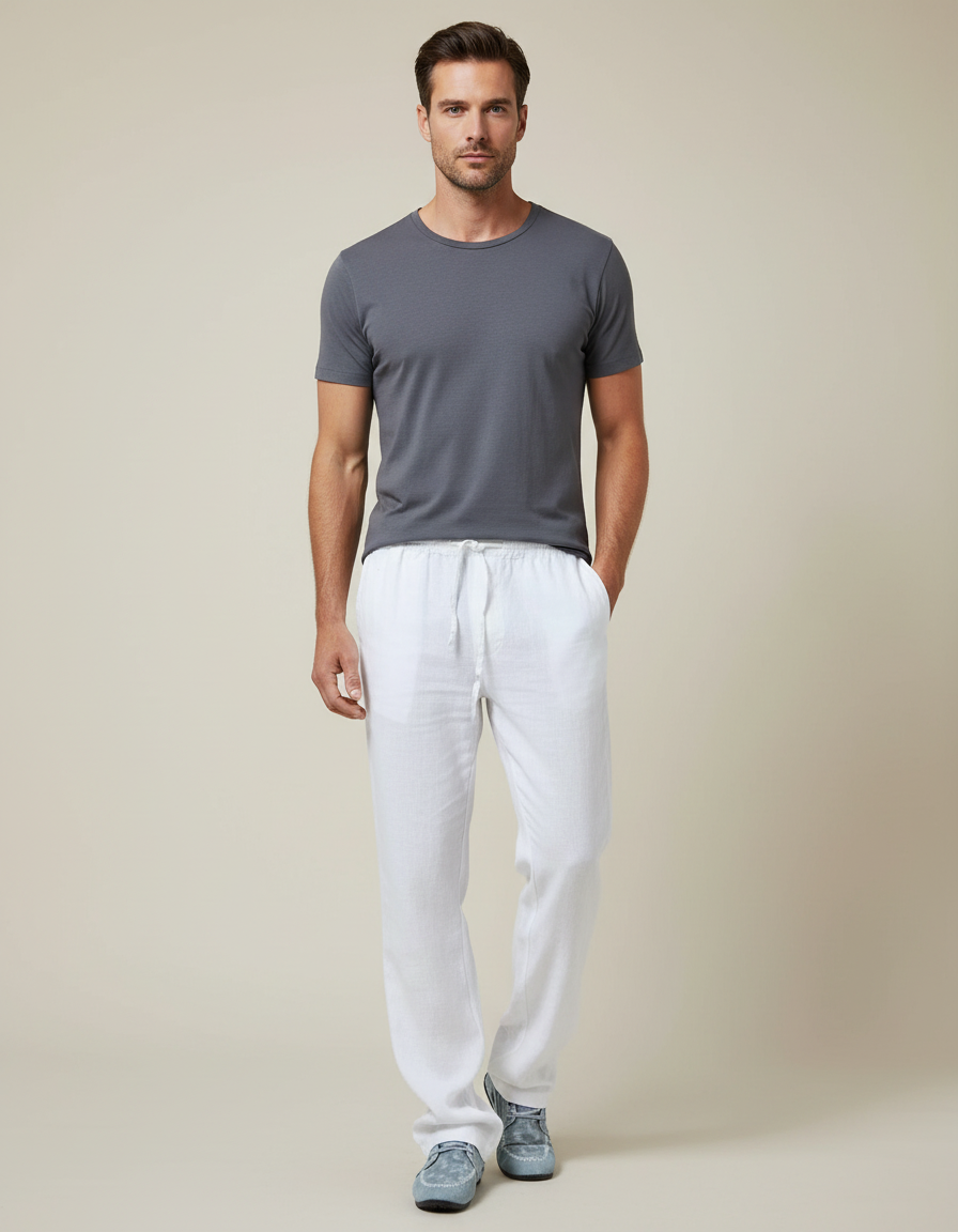 Pantalon Blanc Lin Homme Décontracté Léger Cordon