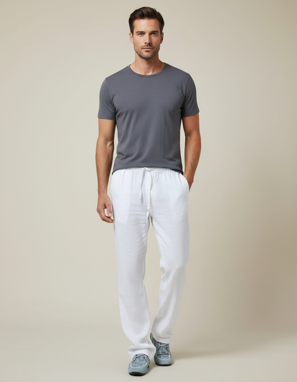 Pantalon Blanc Lin Homme Décontracté Léger Cordon