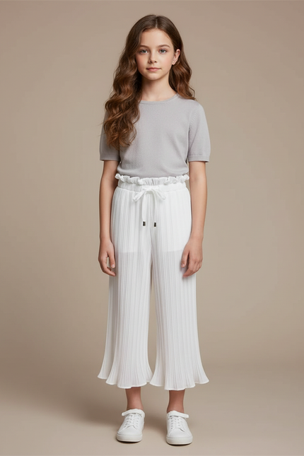 Pantalon Blanc Plissé Ample Taille Haute Fille - Polyester
