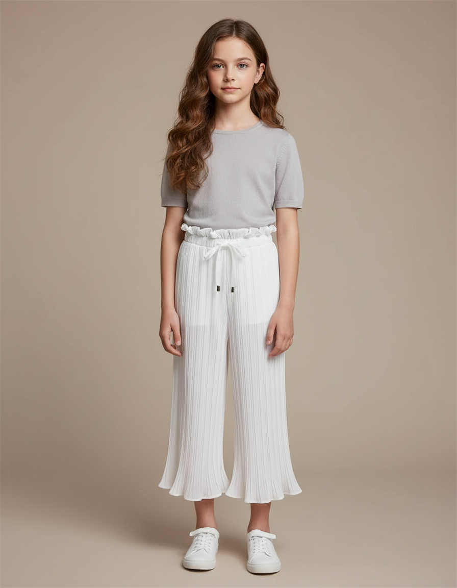 Pantalon Blanc Plissé Ample Taille Haute Fille - Polyester