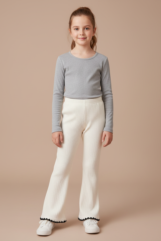 Pantalon Blanc Côtelé Évasé Fille Dentelle Décontracté - Maille