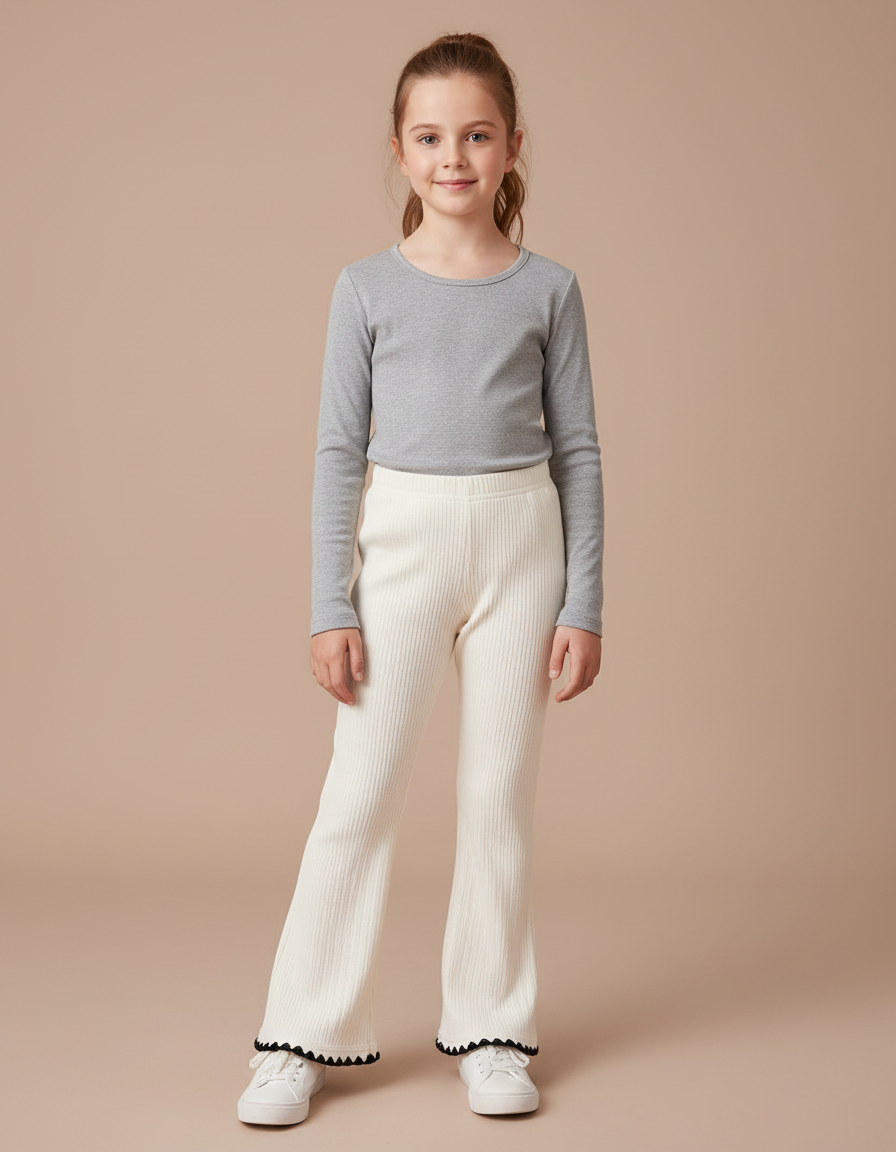 Pantalon Blanc Côtelé Évasé Fille Dentelle Décontracté - Maille