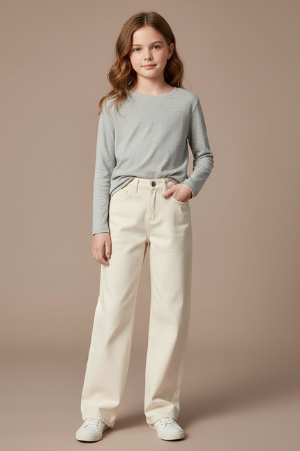 Pantalon Blanc Jean Écru Ample Fille Décontracté - Beige