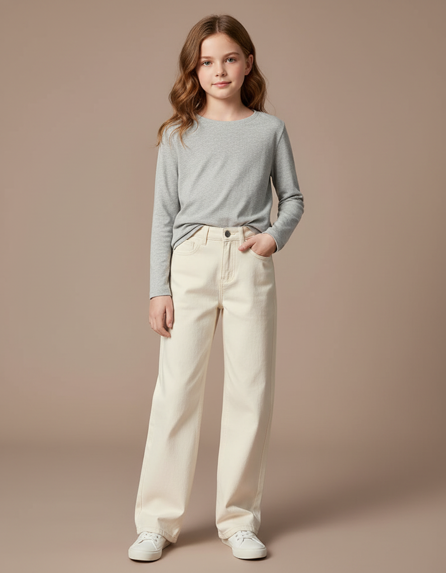 Pantalon Blanc Jean Écru Ample Fille Décontracté - Beige