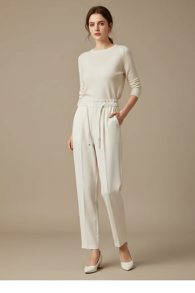 Pantalon Blanc Taille Haute Ceinture - Beige Polyester