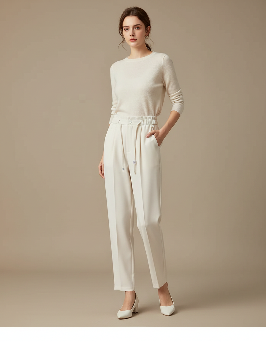 Pantalon Blanc Taille Haute Ceinture - Beige Polyester