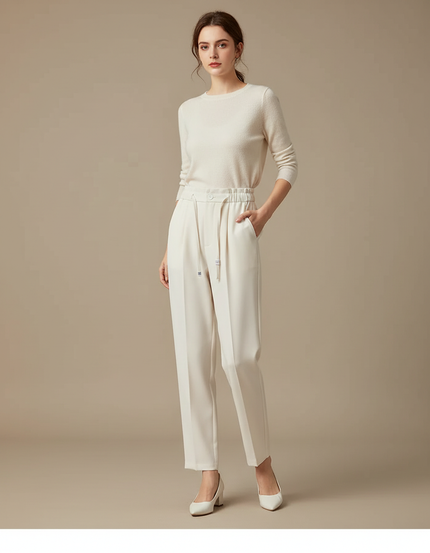 Pantalon Blanc Taille Haute Ceinture - Beige Polyester