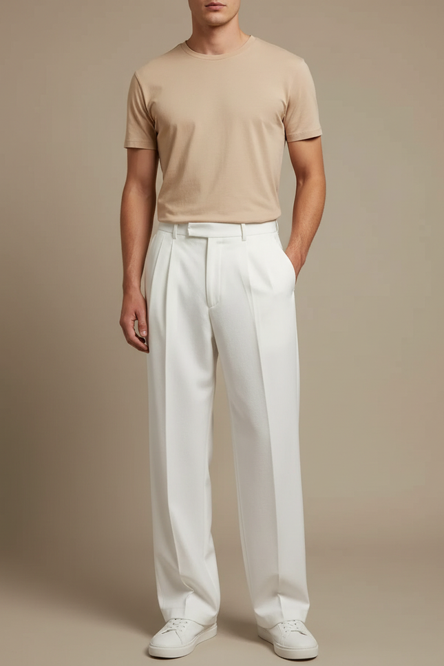 Pantalon Blanc Homme Droit Plissé Ample Décontracté - Gabardine