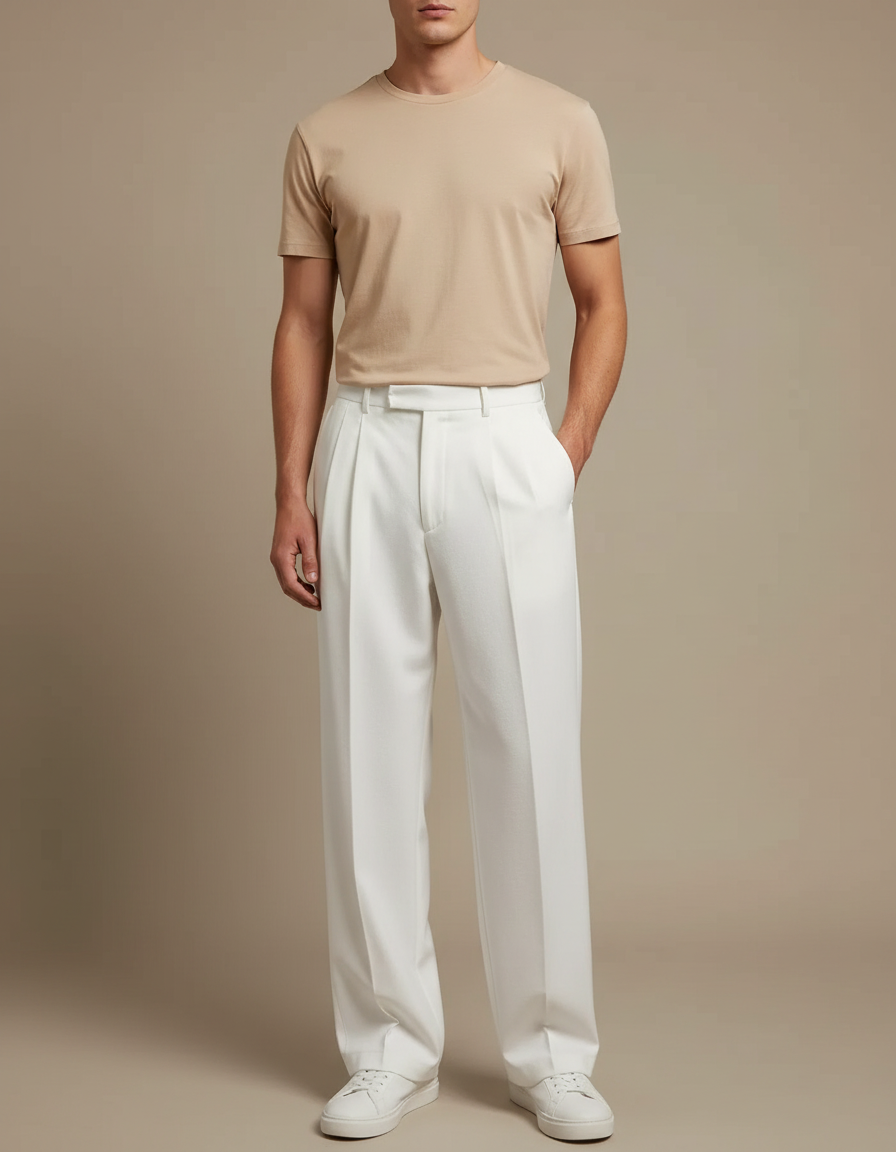 Pantalon Blanc Homme Droit Plissé Ample Décontracté - Gabardine