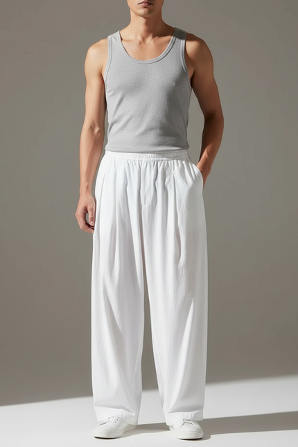 Pantalon Blanc Ample Droit Lin Homme Décontracté