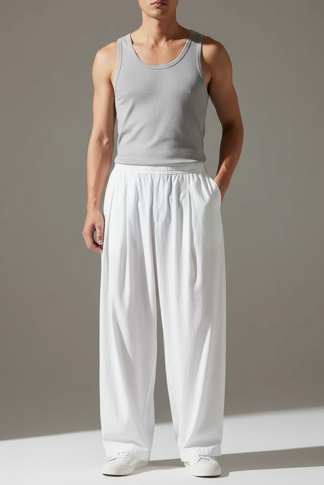 Pantalon Blanc Ample Droit Lin Homme Décontracté