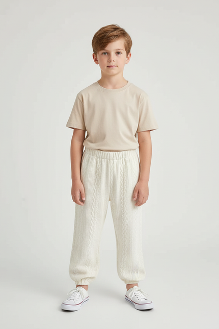 Pantalon Blanc Tricoté Câble Ample Décontracté Enfant - Maille
