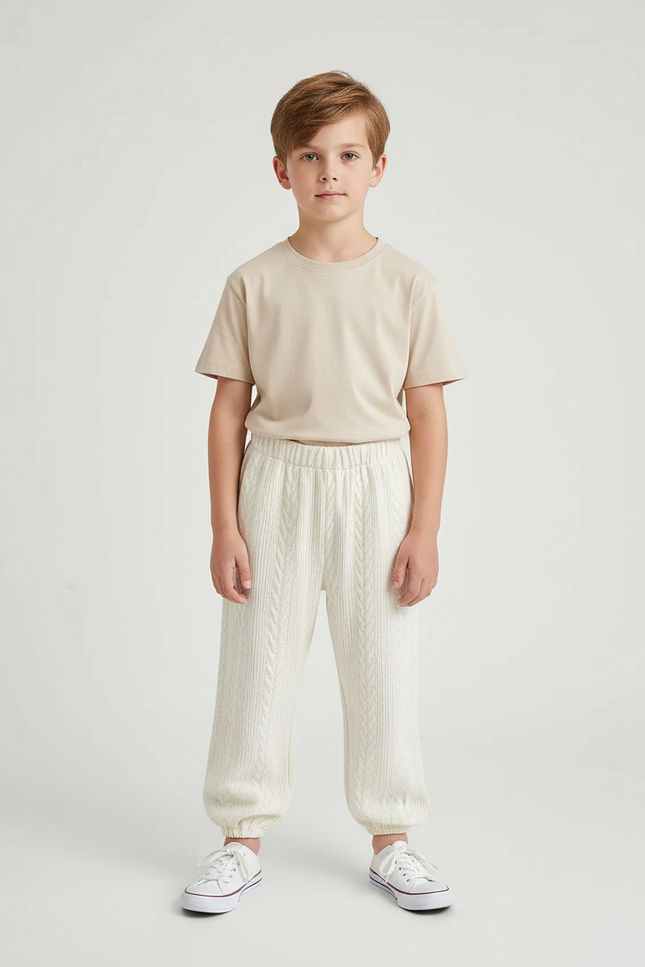 Pantalon Blanc Tricoté Câble Ample Décontracté Enfant - Maille