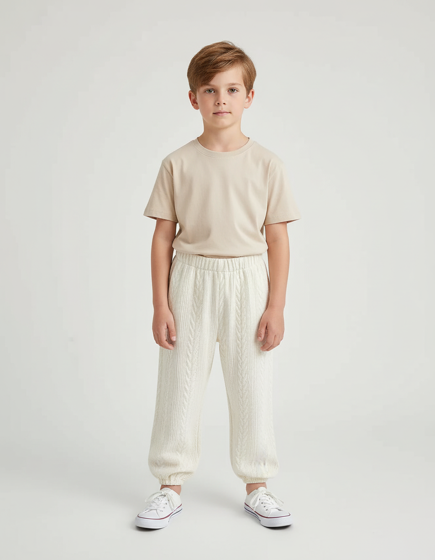 Pantalon Blanc Tricoté Câble Ample Décontracté Enfant - Maille