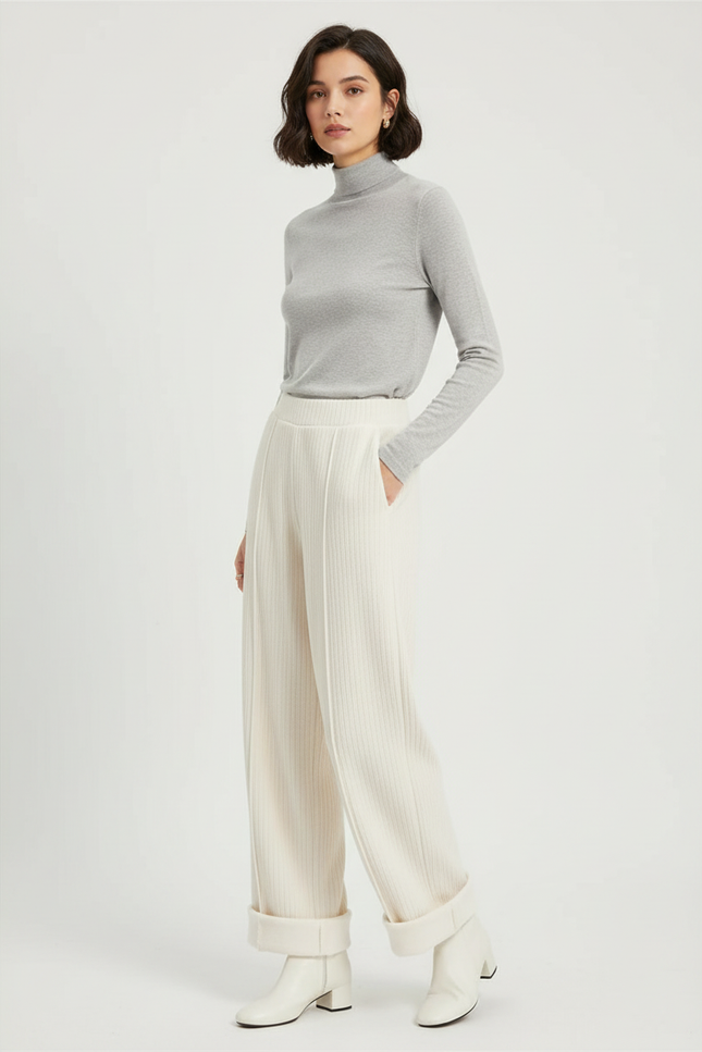 Pantalon Blanc Crème Large Tricoté Côtelé Femme - Maille