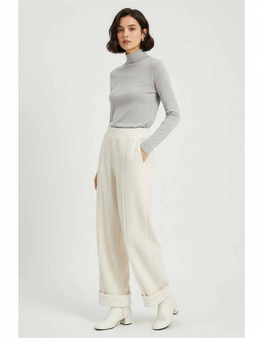 Pantalon Blanc Crème Large Tricoté Côtelé Femme - Maille