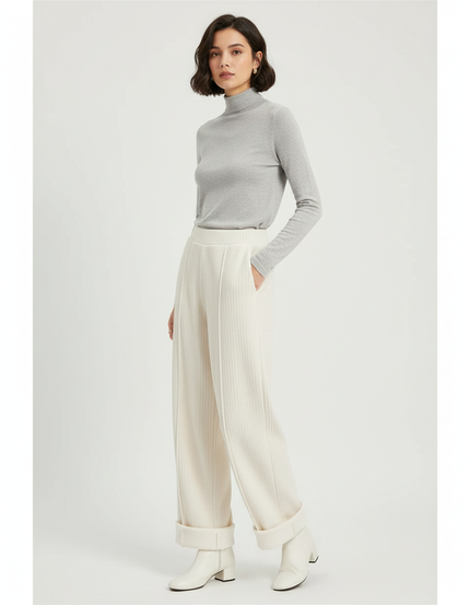 Pantalon Blanc Crème Large Tricoté Côtelé Femme - Maille