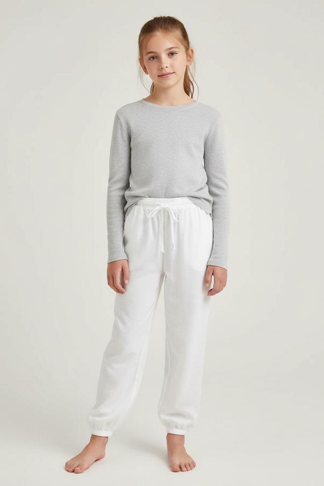 Pantalon Blanc Coton Ample Décontracté Enfant Fille - Lin